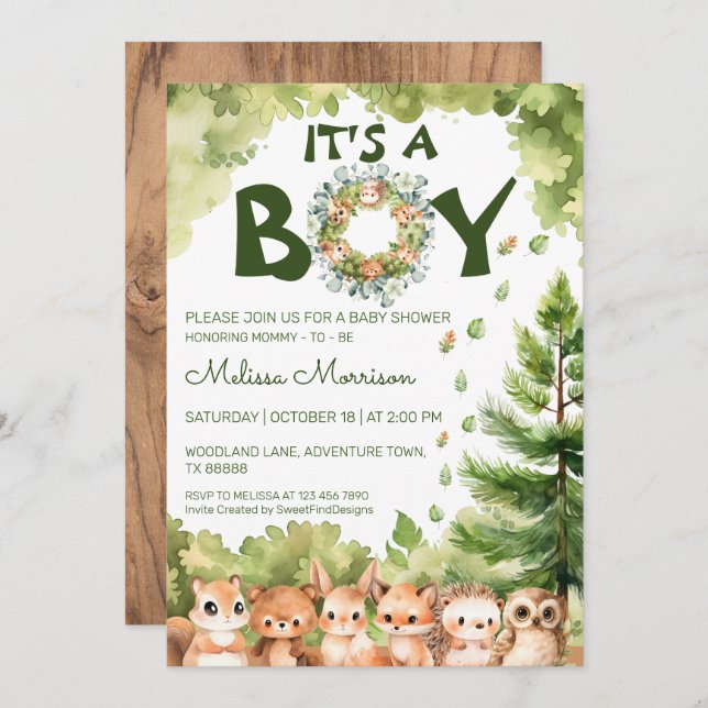 Invitation C'est un garçon Boy Woodland Baby Boy Shower (Devant / Derrière)