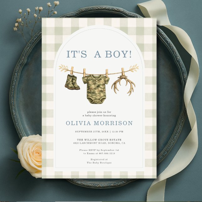 Invitation C'est un garçon Camo chasse Gingham Baby Shower (Créateur téléchargé)