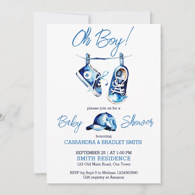 Invitation C'est un garçon chaussures de bébé bleues un bonne (Devant)