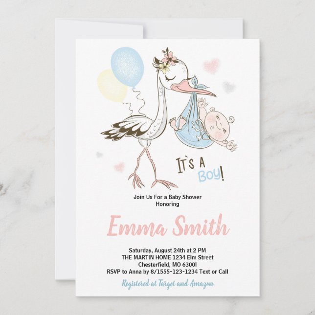 Invitation C'est un Garçon Cigogne Mignonne Aquarelle Invitat (Devant)