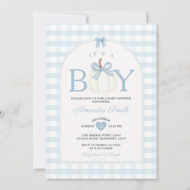 Invitation C'est un garçon Citrouille Baby Shower Gingham Ble (Devant)