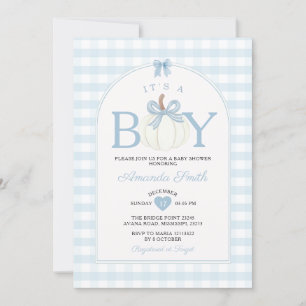 Invitation C'est un garçon Citrouille Baby Shower Gingham Ble