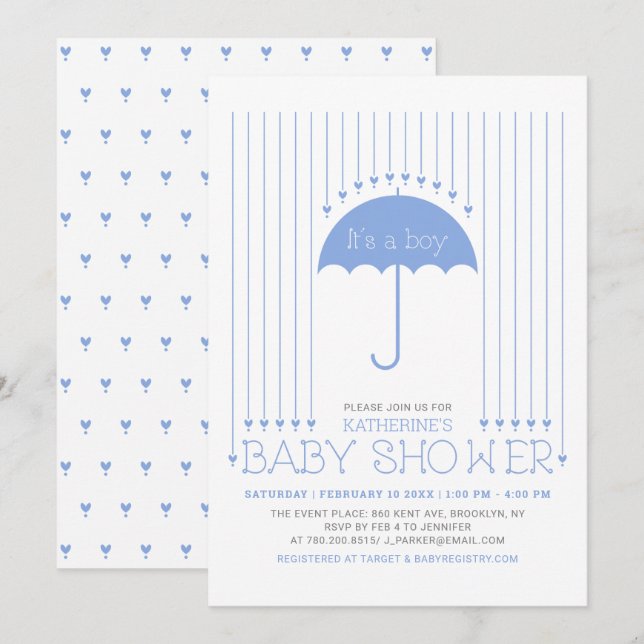 Invitation C'est un garçon | Cœurs bleus et bébé parapluie Ba (Devant / Derrière)