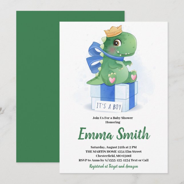 Invitation C'est un garçon - Dinosaure aquarelle Baby Shower (Devant / Derrière)