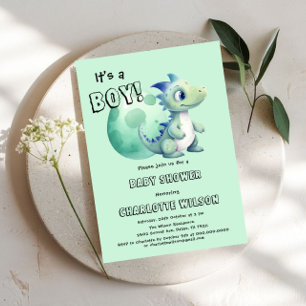 Invitation C'est un garçon ! Dinosaure mignon avec son œuf Sh