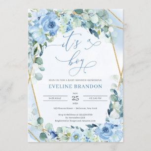 Invitation C'est un garçon Dusty Blue Floral Gold Boho Baby S