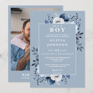Invitation C'est un garçon Dusty Blue Floral Photo Baby Showe