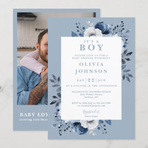 Invitation C'est un garçon Dusty Blue Floral Photo QR Baby Sh