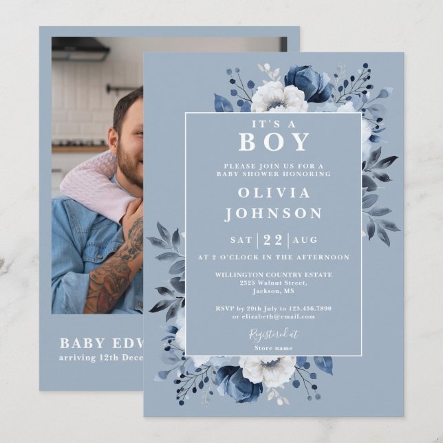 Invitation C'est un garçon Dusty Blue Floral Photo QR Baby sh (Devant / Derrière)