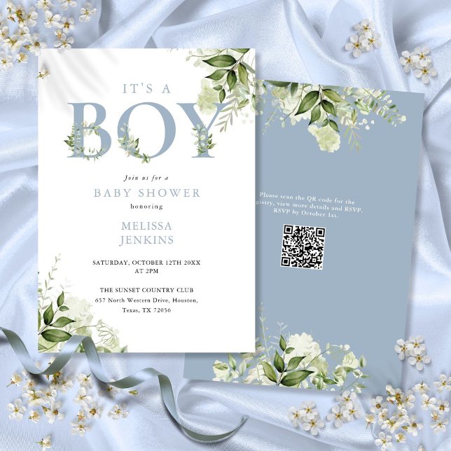 Invitation C'est un garçon Dusty Blue Greenery Code QR Baby S (Its A Boy Dusty Blue Greenery QR Code Baby Shower Invitation)