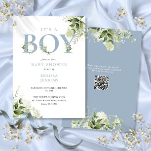 Invitation C'est un garçon Dusty Blue Greenery QR Code Baby s