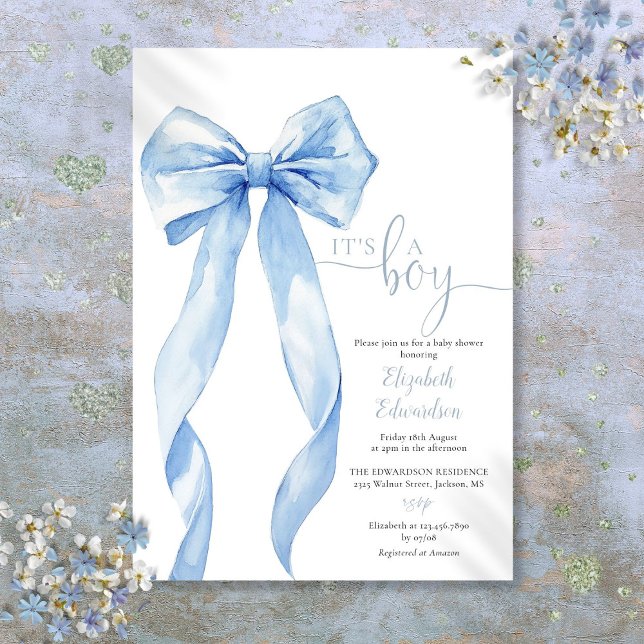 Invitation C'est un garçon Élégant Arc Bleu Baby Shower (Its A Boy Elegant Blue Bow Baby Shower Invitation)