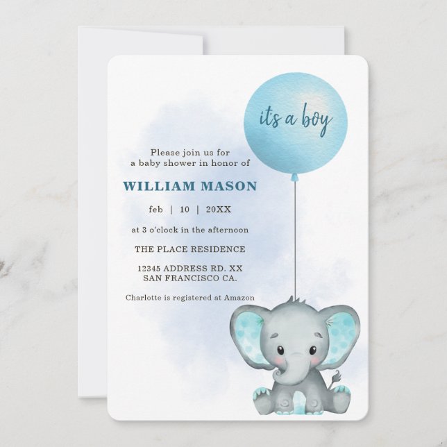 Invitation C'est un Garçon Éléphant Bébé Ballon Bleu Baby Sho (Devant)