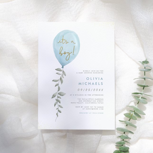 Invitation C'Est Un Garçon Eucalyptus Baby shower Balloon Ver (Créateur téléchargé)