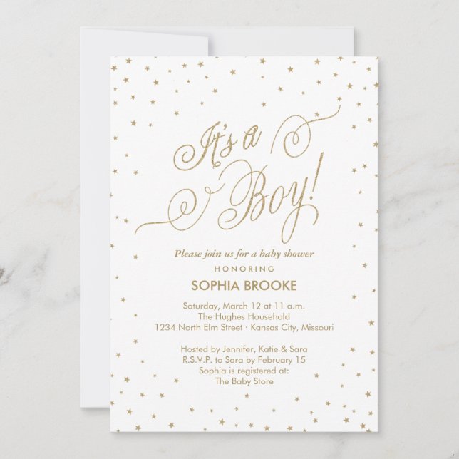 Invitation C'est un garçon Fancy Gold Stars Baby shower blanc (Devant)