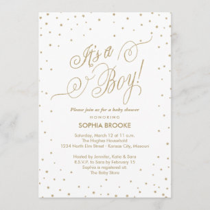Invitation C'est un garçon Fancy Gold Stars Baby shower blanc