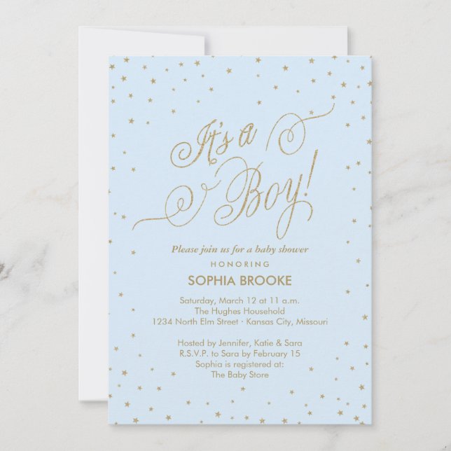 Invitation C'est un garçon Fancy Gold Stars Blue Baby Boy Sho (Devant)