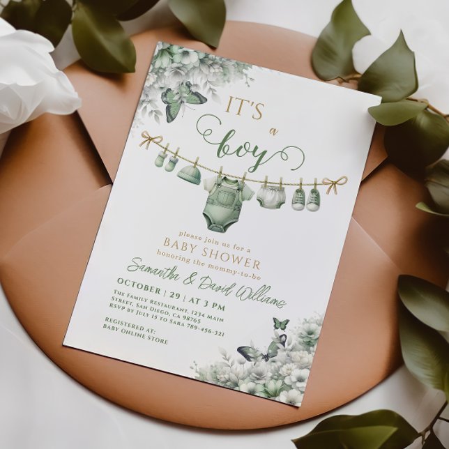 Invitation C'est un garçon - Fête bébé sage vert floral (Créateur téléchargé)