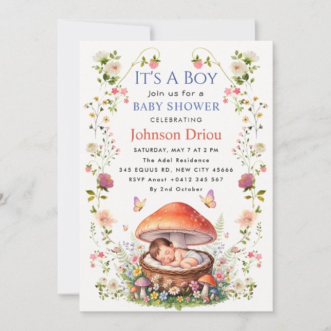 Invitation C'est un garçon Fête de bébé champignon de la forê (Devant)