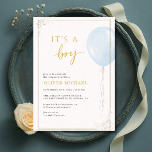Invitation C'est un garçon Fête de Bébé Fleurie Ballon Bleu O