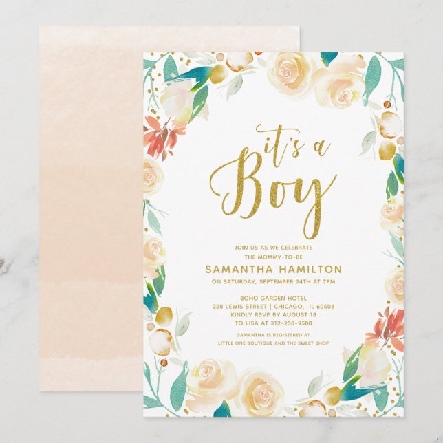 Invitation C'est un garçon Fête de bébé Fleurs Pêche Paillett (Devant / Derrière)