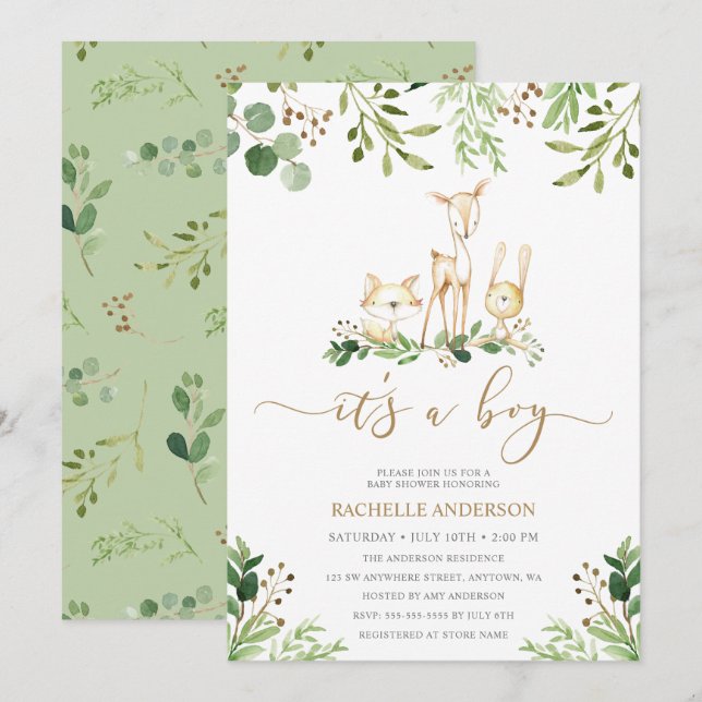 Invitation C'est un garçon Fête de naissance Animaux de la fo (Devant / Derrière)