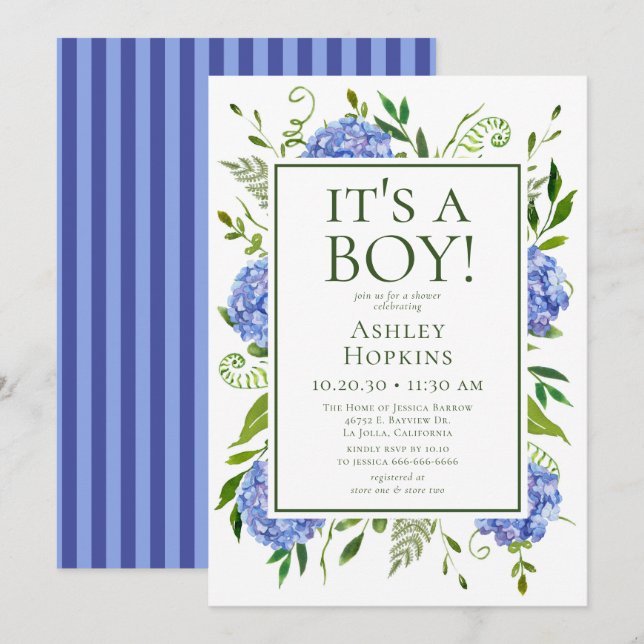Invitation C'est un garçon Fête prénatale aux Hydrangeas Bleu (Devant / Derrière)