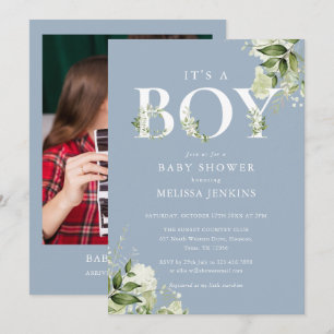 Invitation C'est un garçon Fleurs Baby Shower Photo Bleu Pous