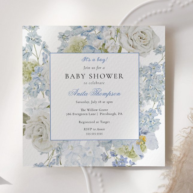 Invitation C'est un garçon Fleurs Bleues Bébé Naissance (Créateur téléchargé)