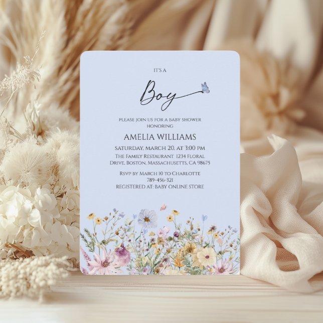 Invitation C'est un Garçon Fleurs Bleues Douces Baby Shower (Créateur téléchargé)