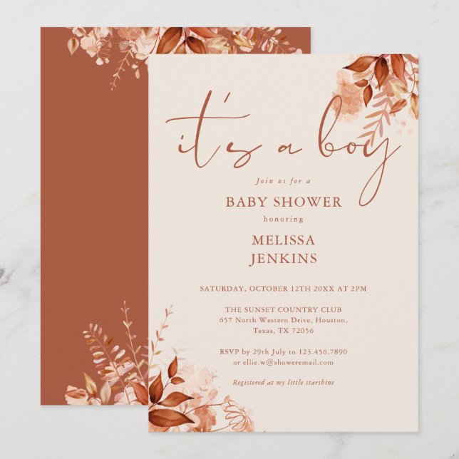 Invitation C'est un garçon Floral Automne Bébé Shower (Devant / Derrière)