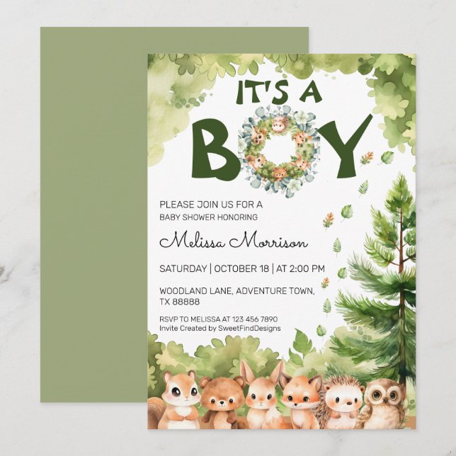 Invitation C'est un garçon Forêt Bois Bébé Boy Douche (Devant / Derrière)