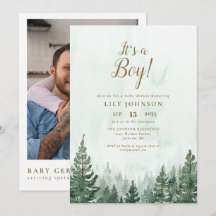 Invitation C'est un garçon Forêt de pins  Code QR Baby Shower