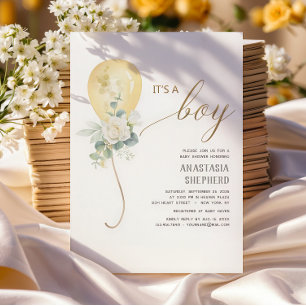 Invitation C'est un garçon Gold Balloon & Baby shower de verd