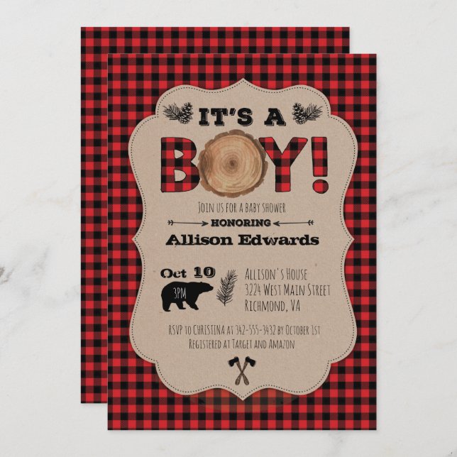 Invitation C'est un garçon Lumberjack Plaid Baby shower Invit (Devant / Derrière)