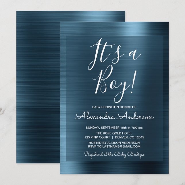 Invitation C'est un garçon - Metallic Blue Foil Baby shower (Devant / Derrière)