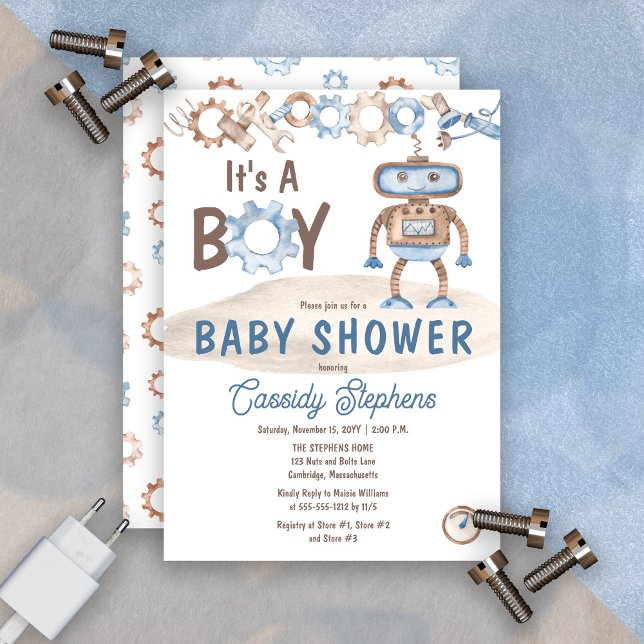 Invitation C'est un garçon mignon bleu | Baby shower Robot Gr (It's A Boy Cute Blue and Greige Robot Baby Shower Invitation)