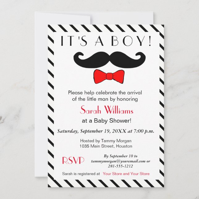 Invitation C'est un garçon Mustache et Baby shower Red Bowtie (Devant)