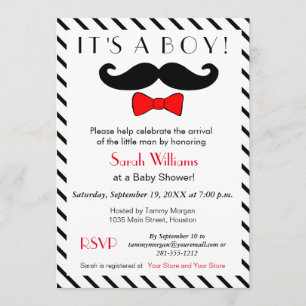 Invitation C'est un garçon Mustache et Baby shower Red Bowtie