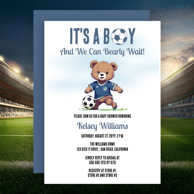 Invitation C'est un garçon ours à peine attendre joueur de fo (Cute Blue "It's A Boy and We Can Bearly Wait!" Teddy Bear Soccer Player Boy Baby Shower Invitation)