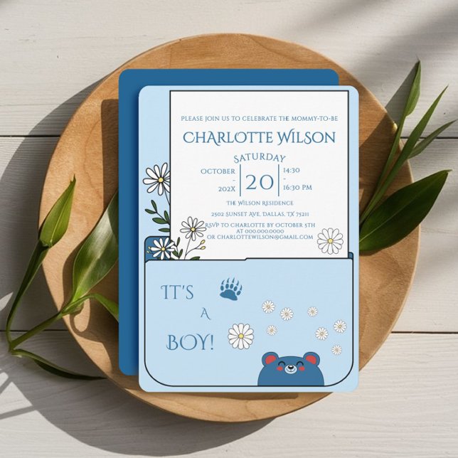 Invitation C'est un garçon ! Ourson mignon et fleurs de margu (Créateur téléchargé)