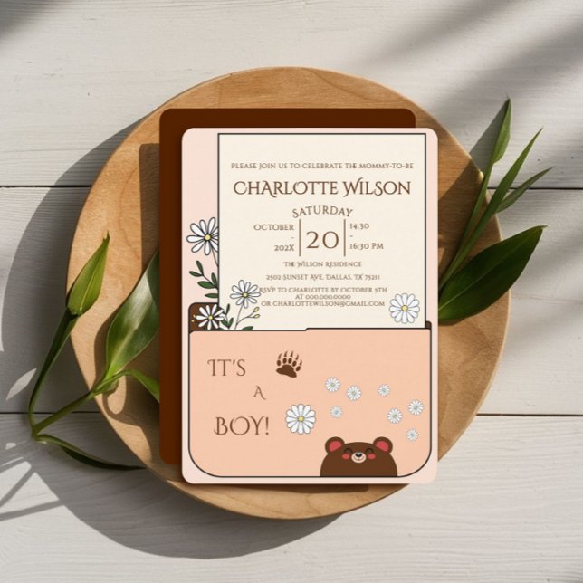 Invitation C'est un garçon ! Ourson mignon et fleurs de margu (Créateur téléchargé)