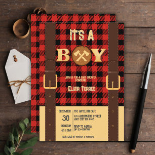 Invitation C'est un garçon Rustic Lumberjack Flannel Baby sho
