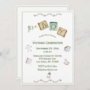 Invitation C'est un garçon Rustique Aquarelle bébé