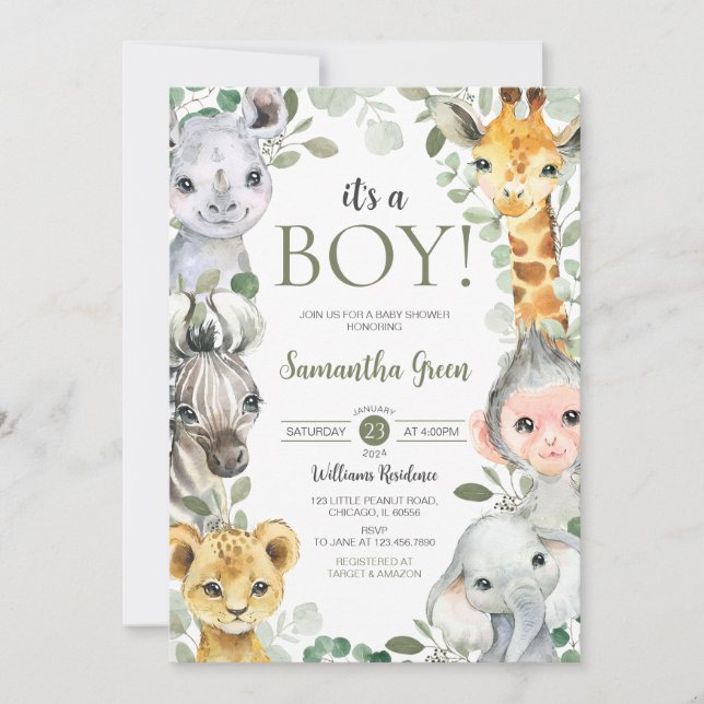 Invitation C'est un garçon Safari Baby Shower (Devant)