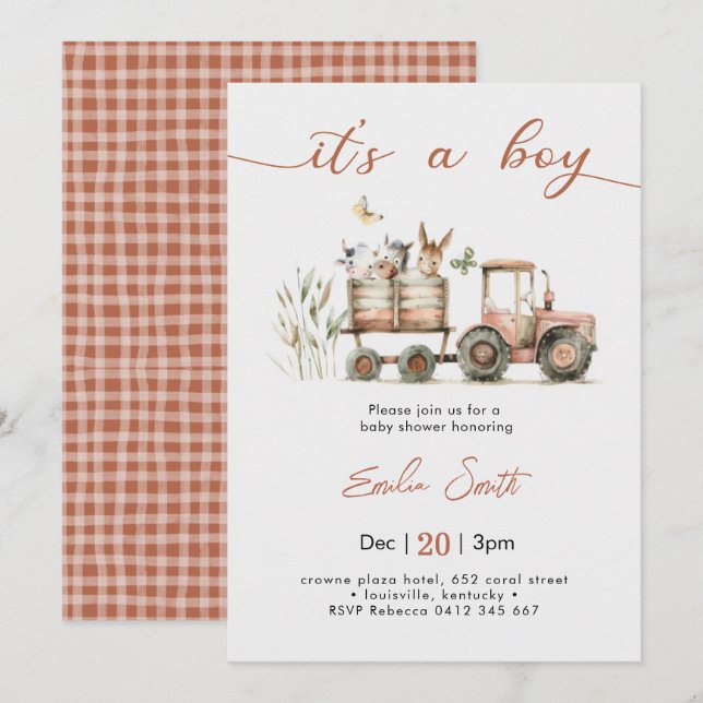 Invitation C'est un garçon Tracteur Baby Shower (Devant / Derrière)