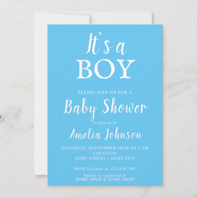 Invitation C'est un garçon Typographie Bleu Bébé Garçon Baby  (Devant)