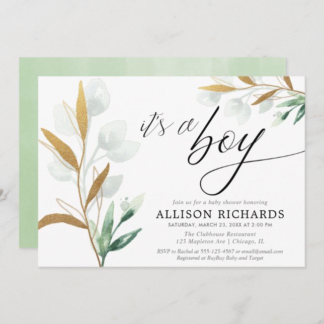 Invitation C'est un garçon un baby shower vert moderne en or (Devant / Derrière)
