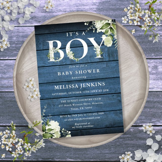 Invitation C'est un garçon verdure bleue rustique en bois Bab (Its A Boy Greenery Blue Rustic Wood Baby Shower Invitation)