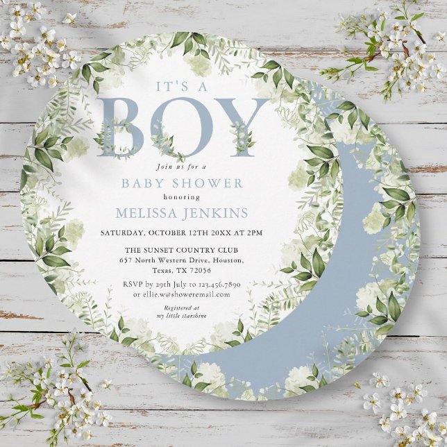 Invitation C'est un garçon verdure poussiéreux bleu lettre Ba (Its A Boy Greenery Dusty Blue Letter Baby Shower Invitation)